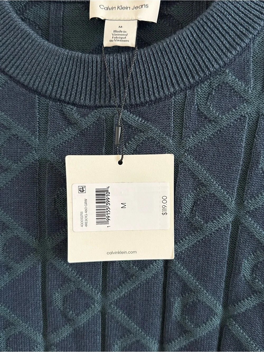 Calvin Klein Blue & Green Logo-Quilted Crewneck Sweater